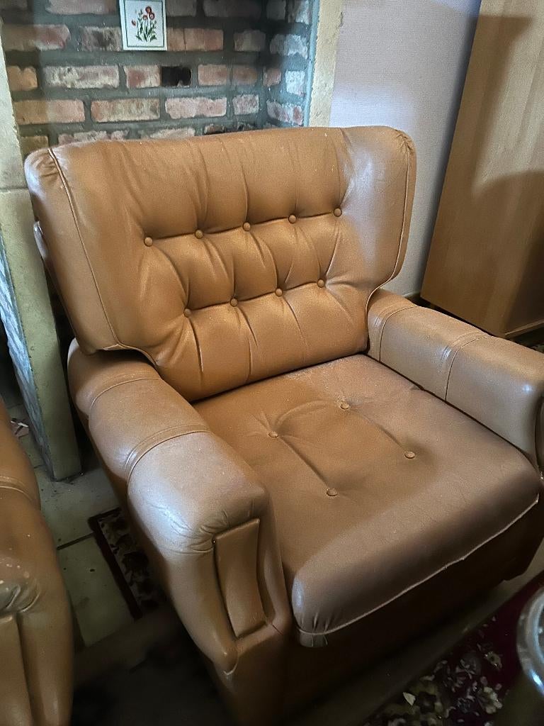 Bruin lederen salon, fauteuil, twee-zit, drie-zit, Huis en Inrichting, Zetels | Zetels, Ophalen, Leer