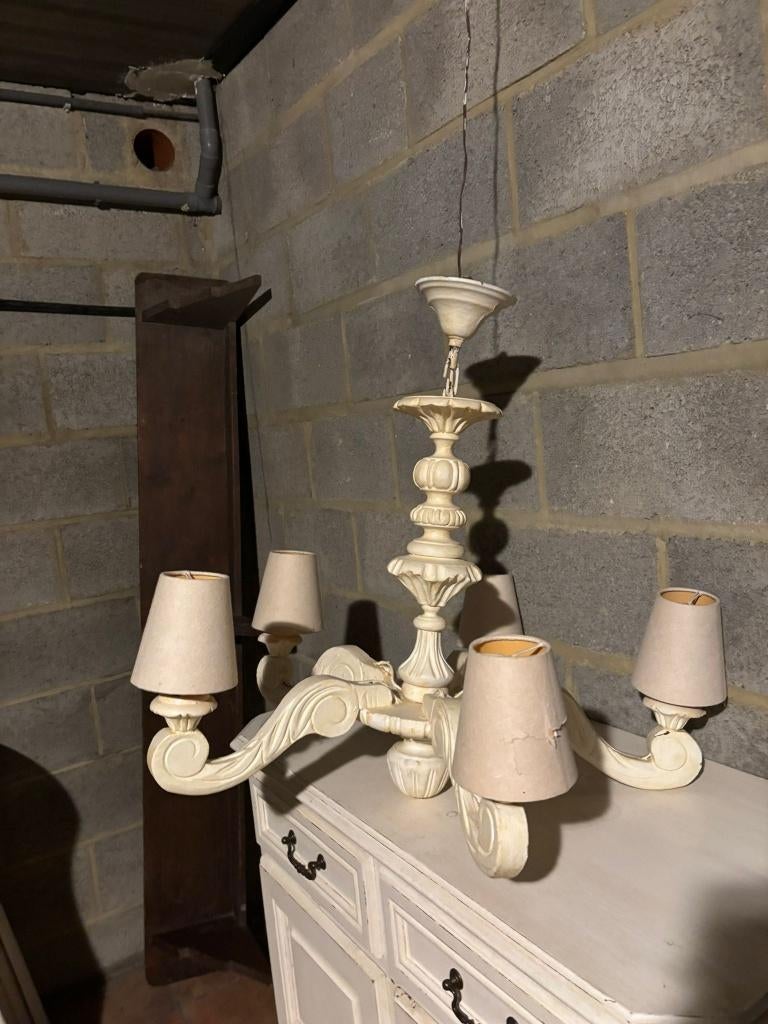 Lustre en bois blanc 5 branches, Maison & Meubles, Lampes | Lustres, Utilisé, Bois, Enlèvement