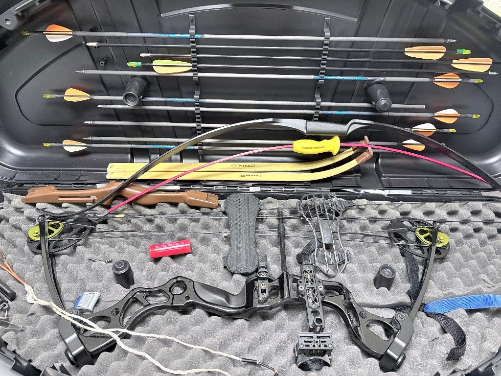 Handboogset, compound, kinderbogen, koffer, doelpak, pijlen., Ophalen, Gebruikt, Compoundboog