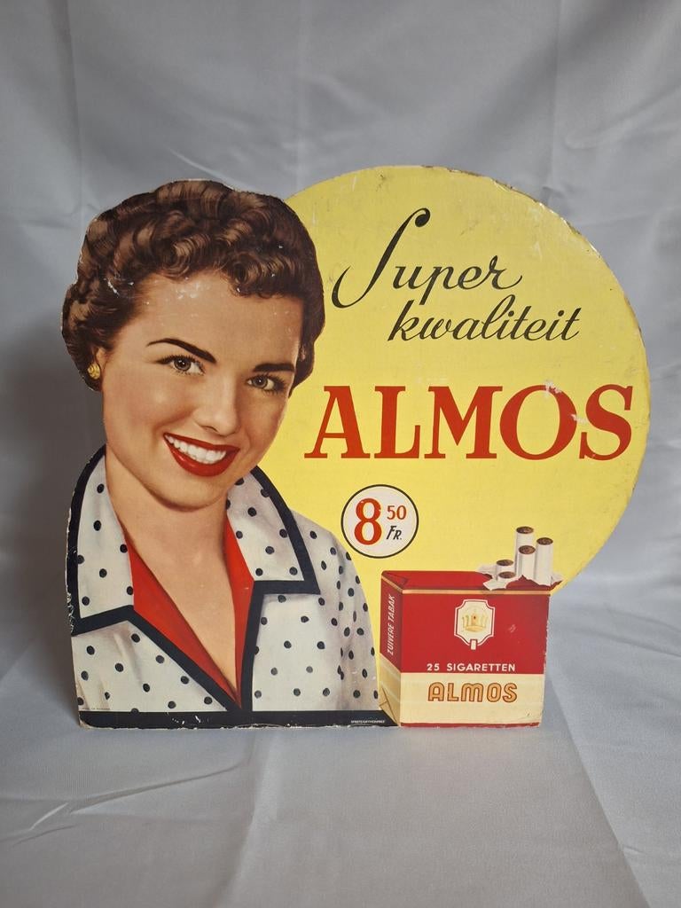 Présentoir publicitaire 1956 Almos cigarettes, Collections, Marques & Objets publicitaires, Utilisé, Panneau publicitaire, Enlèvement ou Envoi