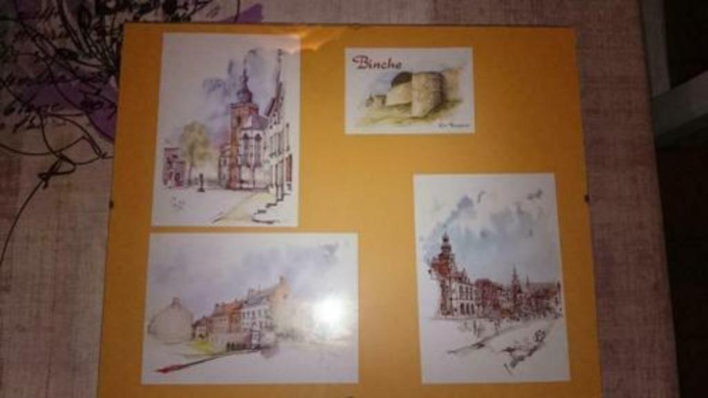 cadre avec 4 cartes lithographie de Binche : Place- remparts, Antiquités & Art, Art | Lithographies & Sérigraphies, Enlèvement ou Envoi