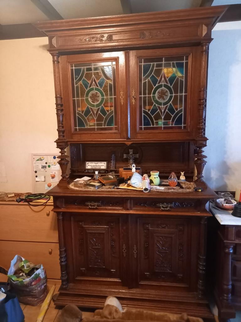 Hele oude buffetkast met gekleurd glas, Antiek en Kunst, Ophalen