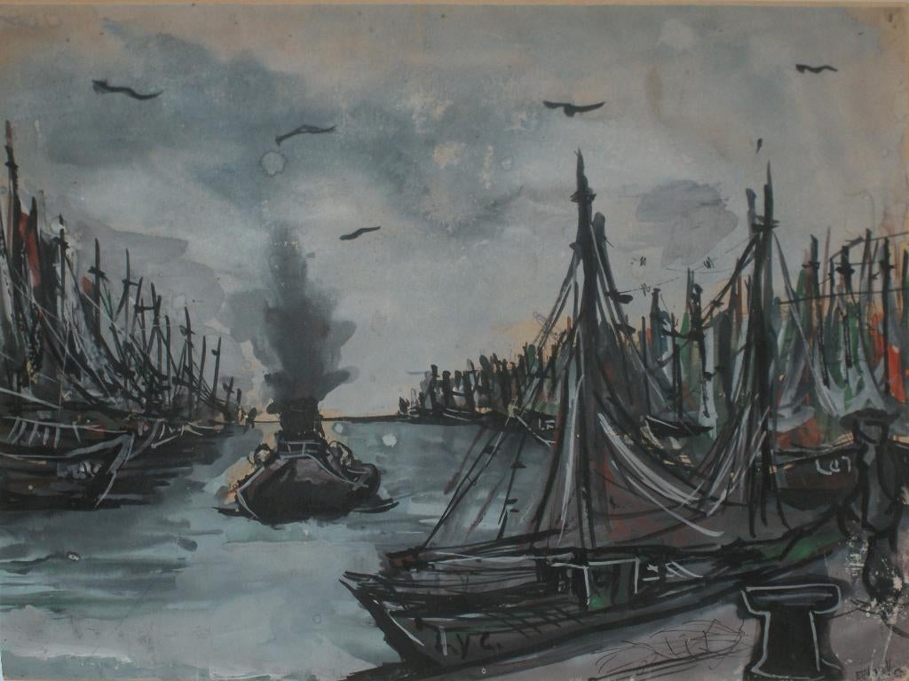 Georges Vanhove (1939): Vissershaven (56 x 45 cm), Antiek en Kunst, Kunst | Schilderijen | Klassiek, Ophalen of Verzenden