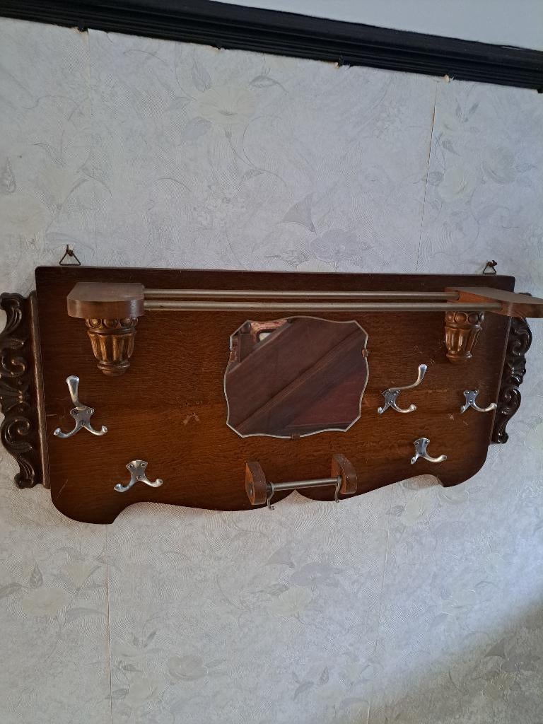 Vintage houten kapstok met spiegel jaren 50, Ophalen, Gebruikt, Hout, Minder dan 100 cm