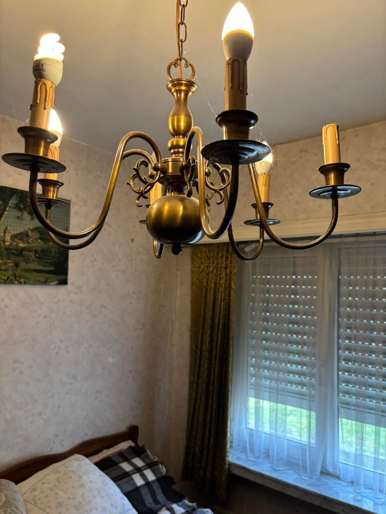 Verlichting,kroonluchters kristal,koper en tin+lampenkappen, Ophalen, Gebruikt, Glas