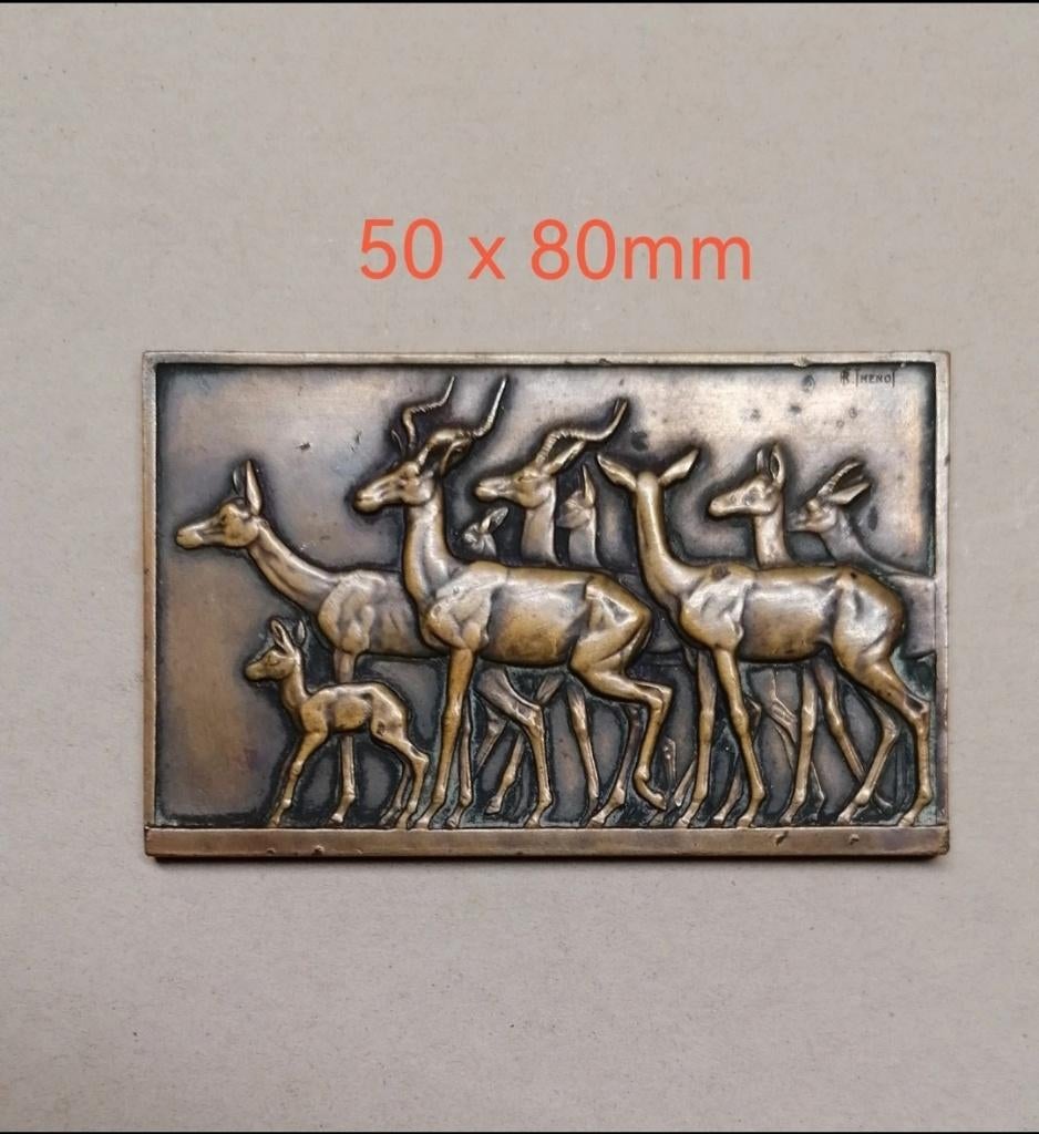 Bronzen plaquette met de antilopen Thenot René, Verzenden, Brons