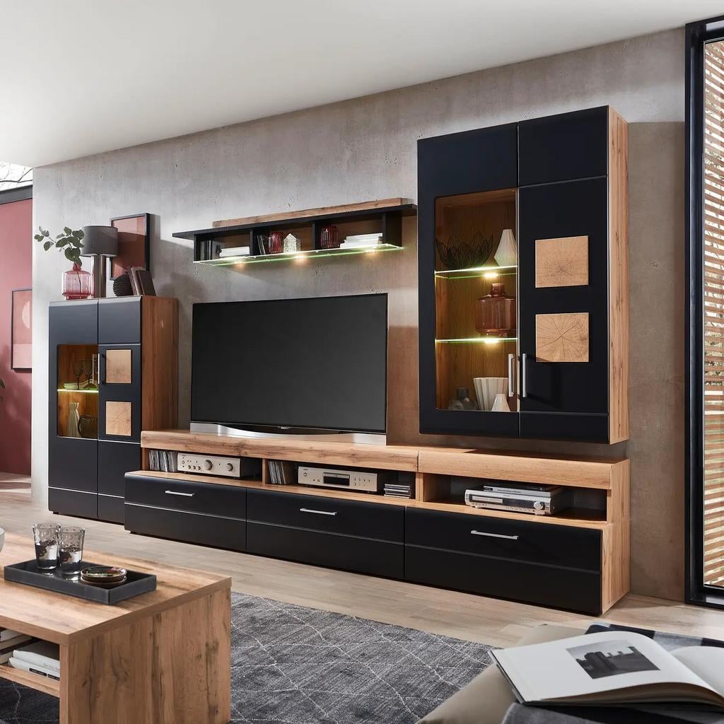 Wandmeubelset 5-delig
incl. verlichting zwart/eik, Huis en Inrichting, Kasten |Televisiemeubels, Zo goed als nieuw, Eikenhout