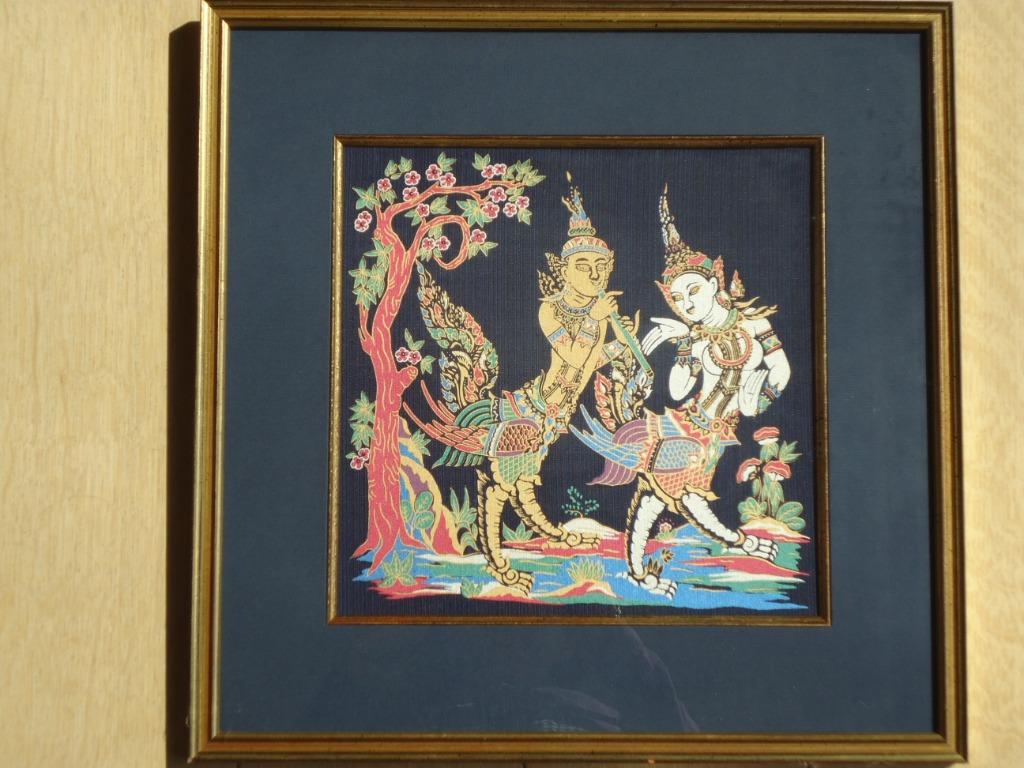 vintage peinture thaïlandaise sur soie, cadre doré, Antiquités & Art, Enlèvement ou Envoi