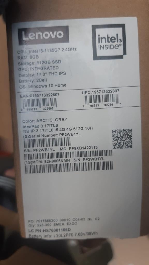 Lenovo IdeaPad 3 17ITL6, Lenovo IdeaPad, 17 pouces ou plus, 8 GB, Enlèvement