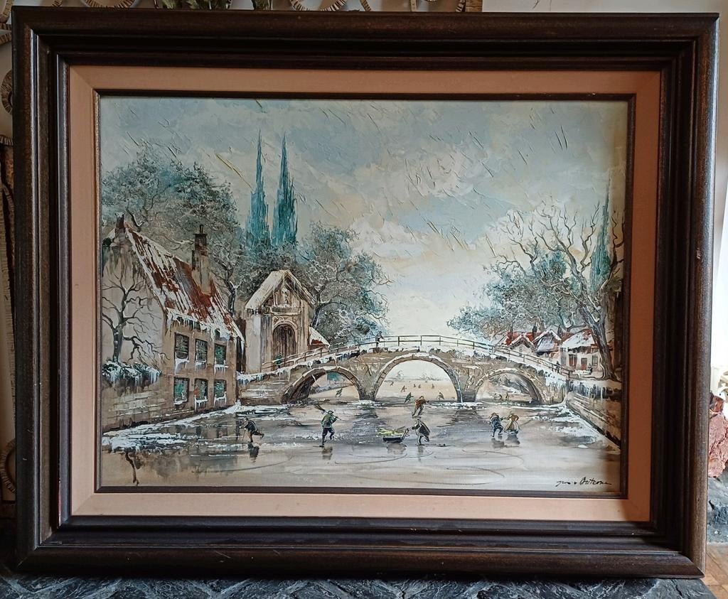 Grande peinture à l'huile sur toile - Impressionnisme - Brug, Antiquités & Art, Enlèvement ou Envoi