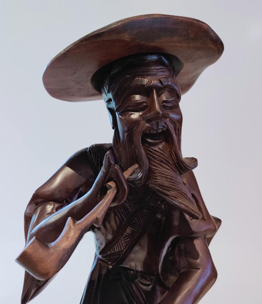 Statue asiatique orientale en bois sculpté pêcheur 48cm, Enlèvement ou Envoi