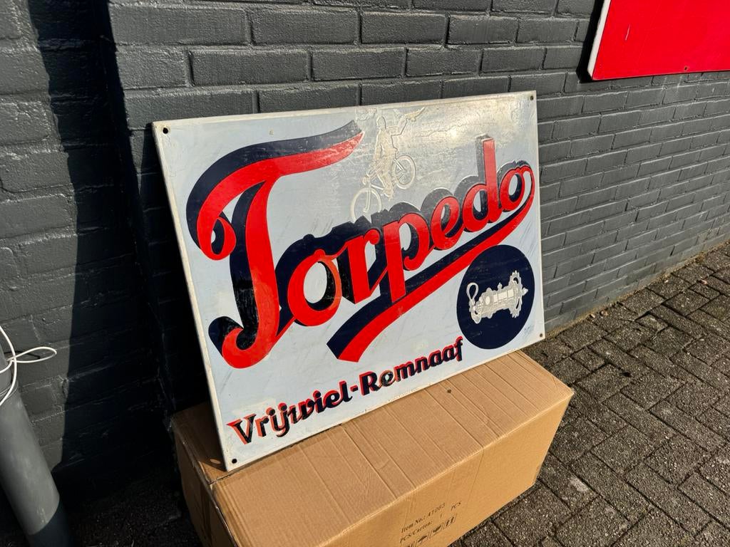 Groot oud Torpedo emaille reclamebord, Ophalen, Gebruikt, Reclamebord
