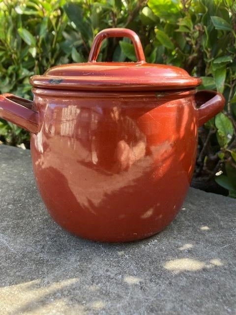 KLEINE VINTAGE BRUINE EMAIL KOOKPOT DIAM : 14 CM. H : 15 CM, Antiek en Kunst, Ophalen of Verzenden