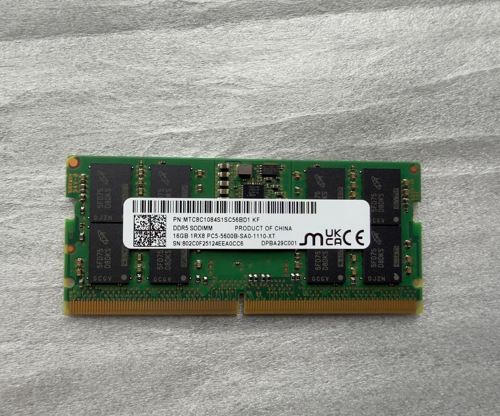 RAM DDR5 SODIMM 16GB 5600Mhz Micron, Informatique & Logiciels, Mémoire RAM, Enlèvement ou Envoi, Comme neuf, DDR5