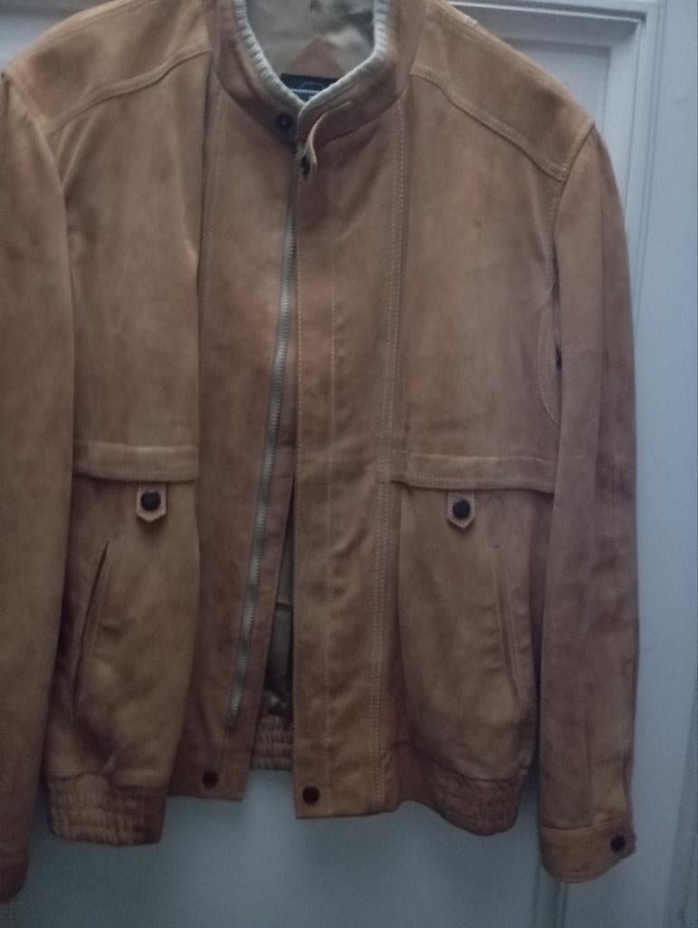 Veste courte en cuir jaune aviateur beige avec surpiqûres, t, Enlèvement ou Envoi, Taille 48/50 (M)