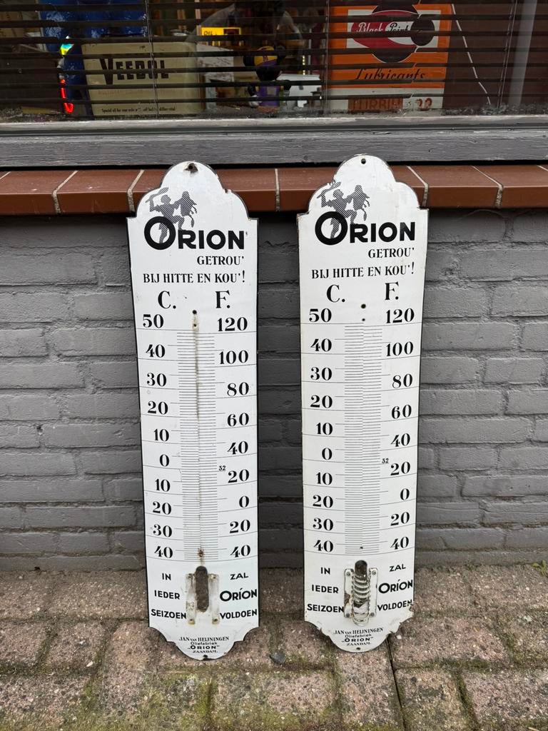 2 x ancien thermomètre publicitaire en émail Orion, Enlèvement ou Envoi, Utilisé, Panneau publicitaire