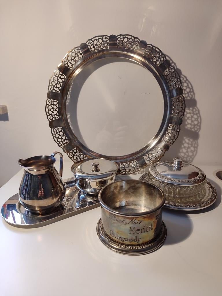 Verzilverd servies schotel Botervloot wijnhouder getekend, Huis en Inrichting, Woonaccessoires | Spiegels, Gebruikt, Ophalen of Verzenden