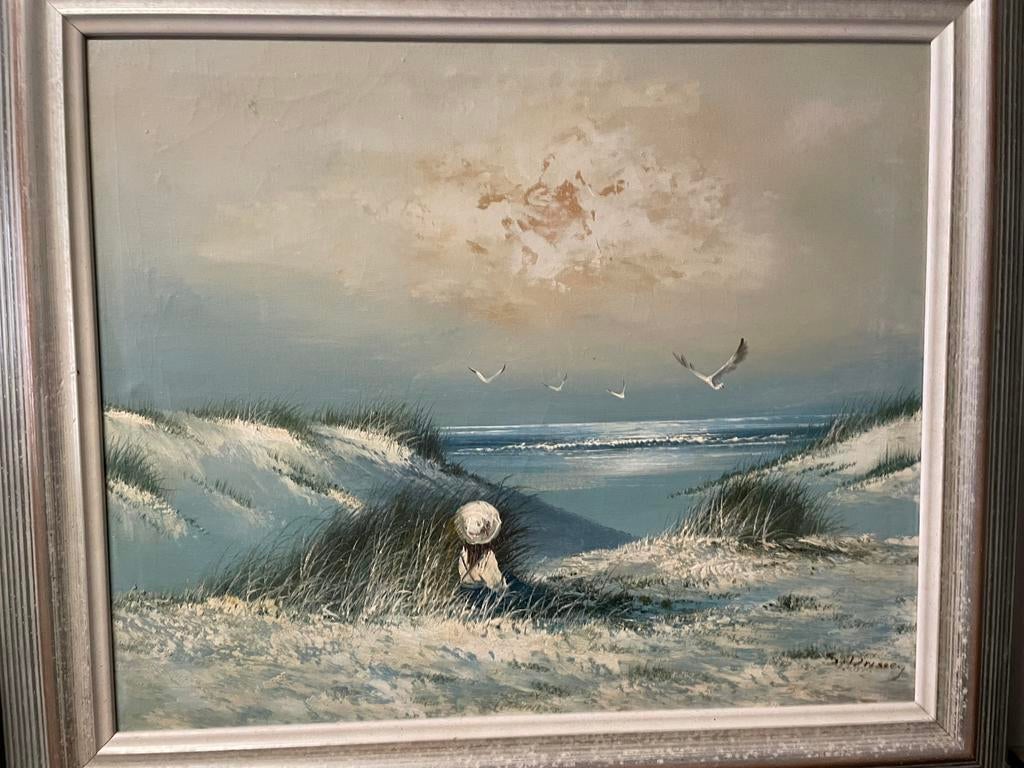 Mooi schilderij met duinlandschap en zeezicht.(S.Drissey), Antiek en Kunst, Ophalen