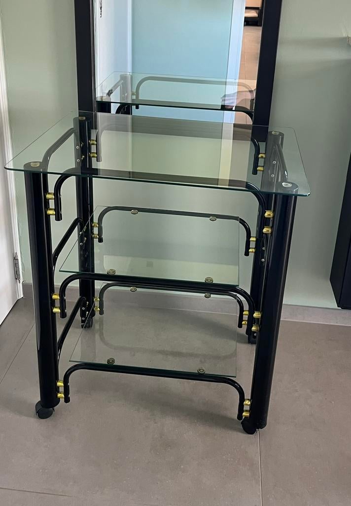 Tablette chariots desserte roulettes noire et dorée, Maison & Meubles, Enlèvement, Comme neuf, Verre