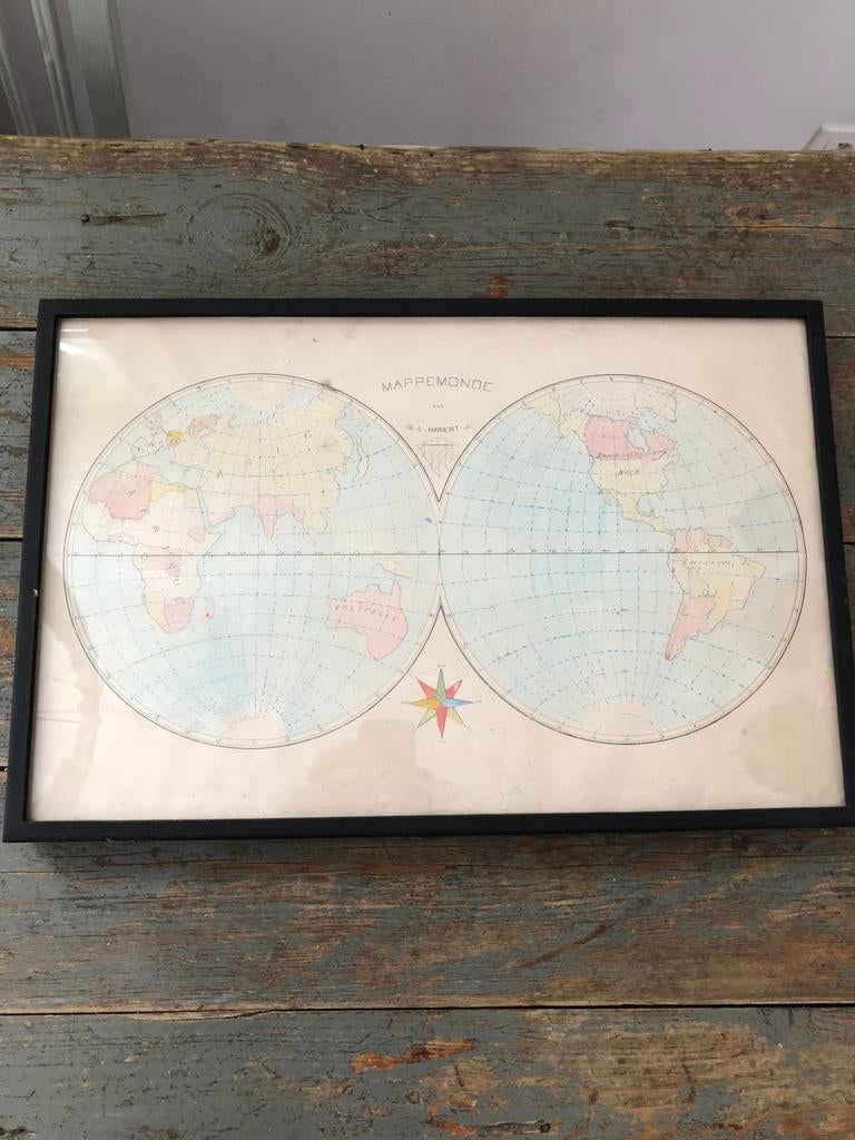 ANTIEKE WERELDKAART AQUAREL LIJST KADER, Maison & Meubles, Enlèvement ou Envoi, Utilisé