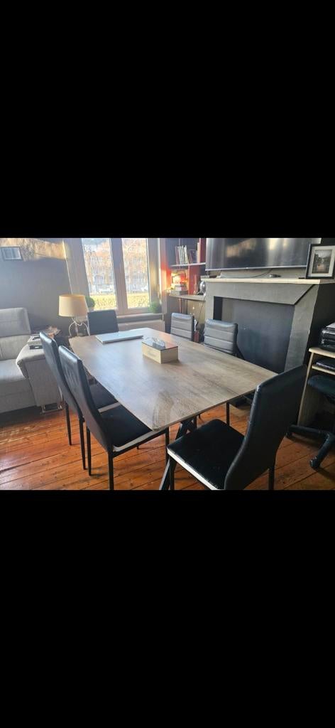 Table design en bois + 6 chaises (160 x 88cm), Maison & Meubles, Salles à manger complètes, Utilisé, 6 à 8 chaises, Enlèvement