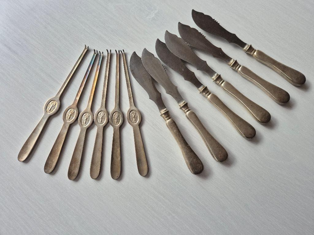 Verzilverd Zesdelig Visbestek, Antiek en Kunst, Ophalen of Verzenden