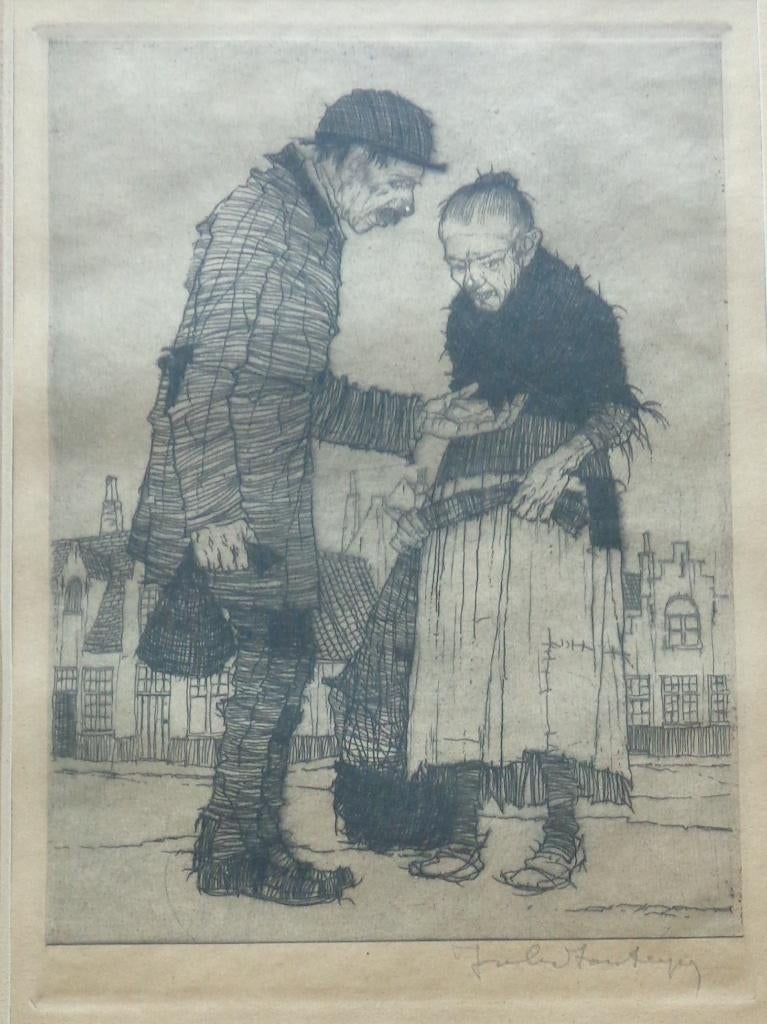 JULES FONTEYNE / OUD KOPPEL / ZW-W ETS / 42x32cm / KADER, Eau-forte, Enlèvement ou Envoi, Signé, Vie quotidienne