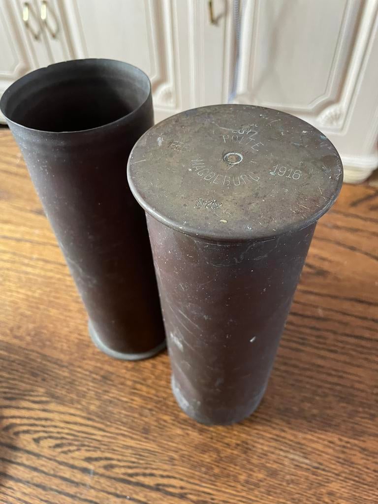 Lot de 2 douilles d’obus WWI – Polte Magdeburg 1915 & 1916, Enlèvement ou Envoi