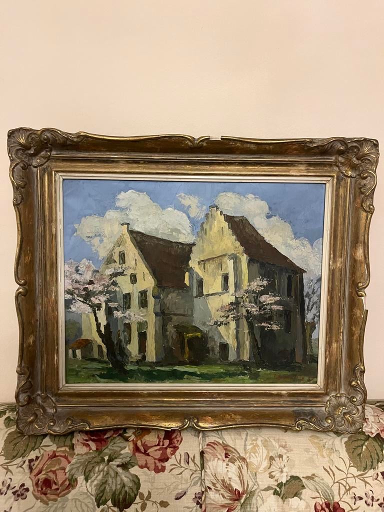 Vintage schilderij huis – olieverf op doek – klassiek kader, Antiek en Kunst, Ophalen