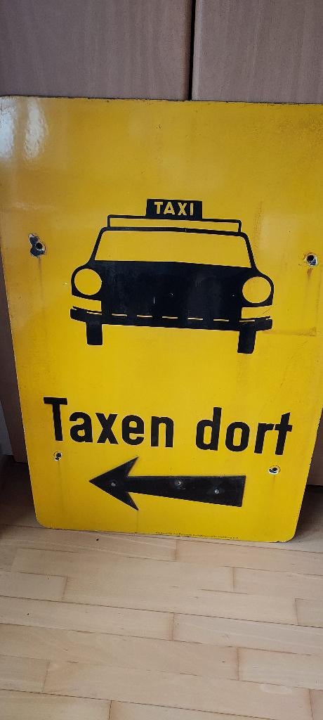 oud emaille bord "Taxen dort", nu in uitverkoop : 150 euro, Verzamelen, Verzenden, Gebruikt, Reclamebord