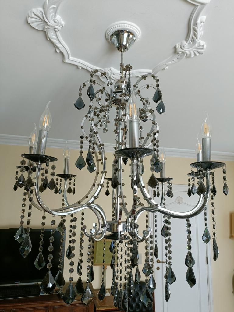 moderne 8 armig kroonluchter zilver met zwarte glazen, Enlèvement, Utilisé, Verre