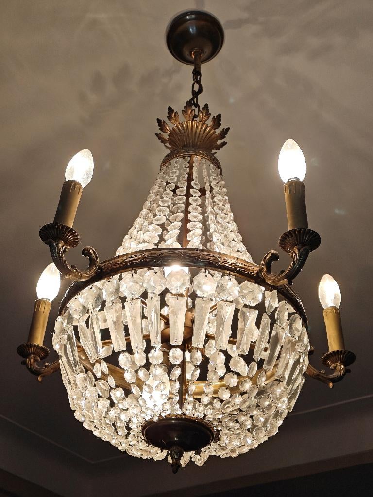 Vintage zakkroonluchter glas en bronskleurig metaal, ca 1960, Antiek en Kunst, Antiek | Verlichting, Ophalen