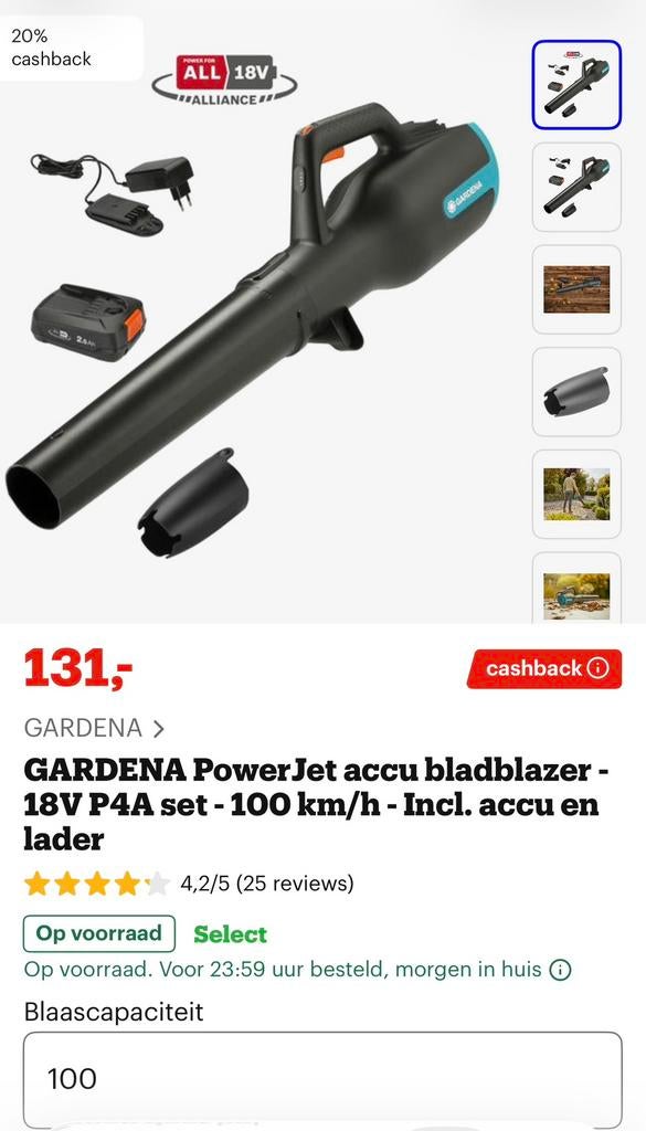 GARDENA PowerJet accu bladblazer - 18V Incl. accu en lader, Tuin en Terras, Ophalen, Zo goed als nieuw, Accu