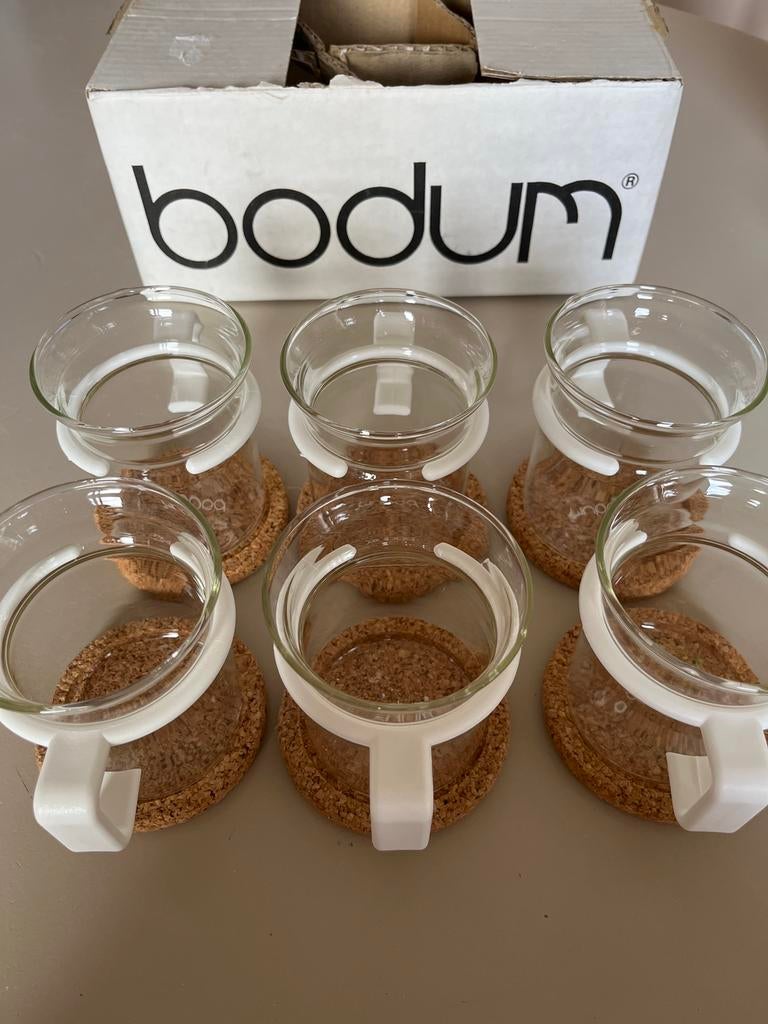 Bodum glazen koffiekopjes set van 6 met kurken onderzetters, Ophalen of Verzenden, Zo goed als nieuw, Overige typen