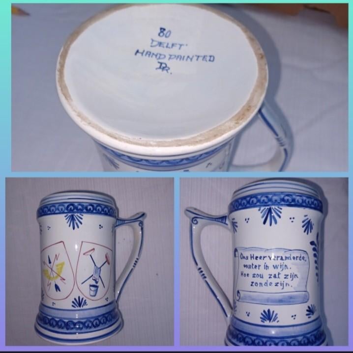Chope à bière bleue de Delft peinte à la main, milieu du XXe, Antiquités & Art, Enlèvement ou Envoi