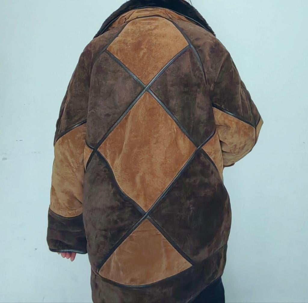 Manteau vintage 80's cuir de porc patchwork marron taille 46, Enlèvement ou Envoi