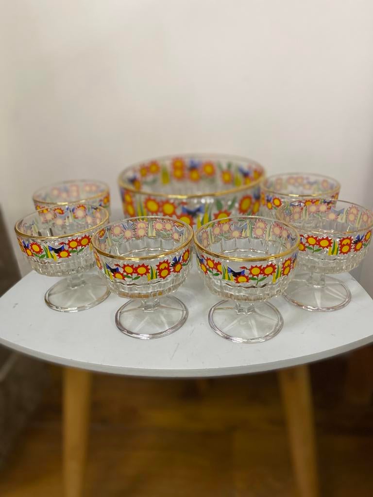 Macedonia Bowl vintage set met fruitschaal en schaal, Huis en Inrichting, Keuken | Servies, Zo goed als nieuw, Glas, Ophalen of Verzenden