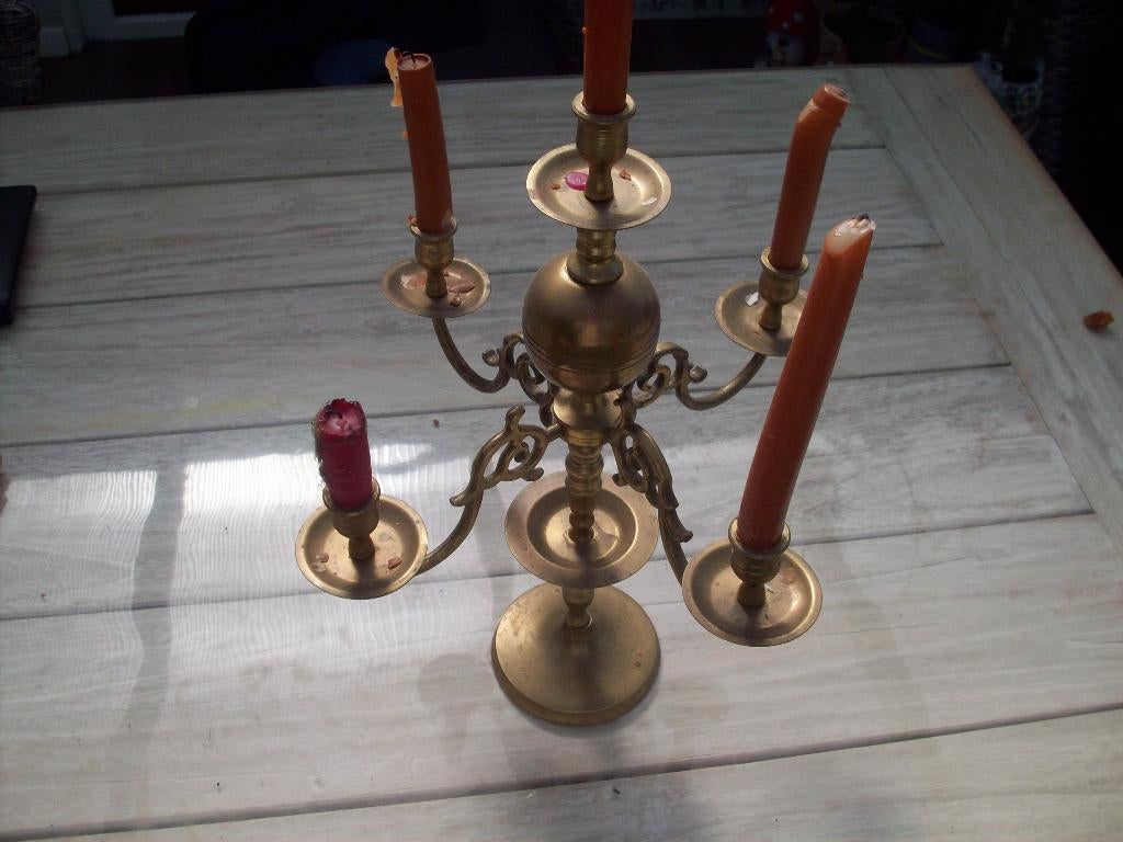 geel koper kandelaar met 5 armen., Antiek en Kunst, Ophalen of Verzenden, Koper