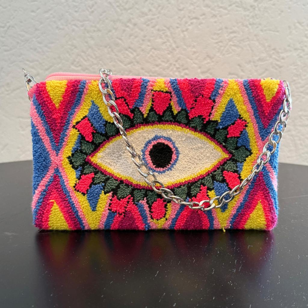 Schoudertas met oog, Boho Clutch in Roze & Turkoois met, Handtassen en Accessoires, Tassen | Schoudertassen, Nieuw, Overige merken