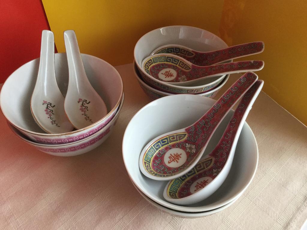 6 rijst, soepkommetjes met lepeltjes., Ophalen of Verzenden, Zo goed als nieuw