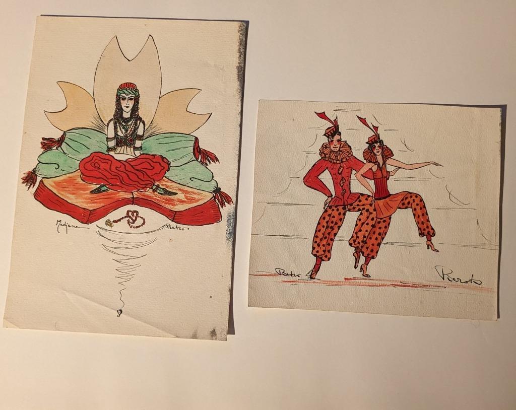 lot van twee vintage tekeningen in pen en stift - jaren 70?, Antiek en Kunst, Ophalen of Verzenden