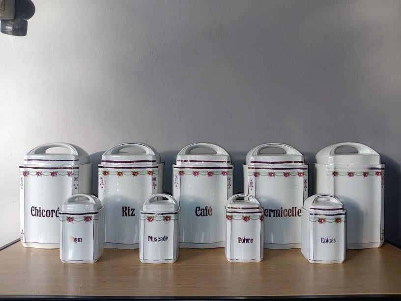 Set antieke voorraadpotten in porselein, Antiquités & Art, Enlèvement ou Envoi