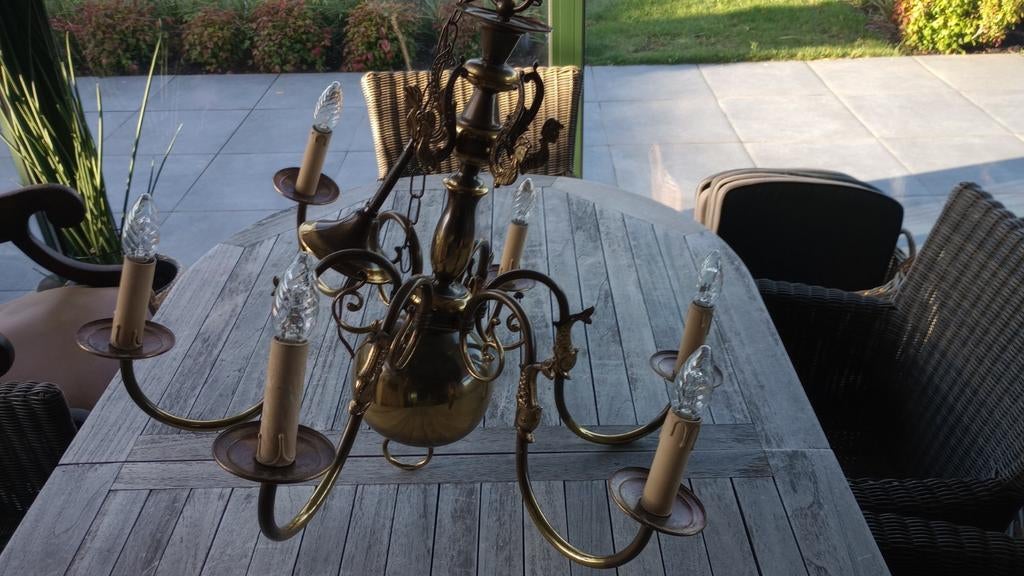 Luster massief koperen 6 armen stijlvol, Huis en Inrichting, Lampen | Kroonluchters, Ophalen, Zo goed als nieuw