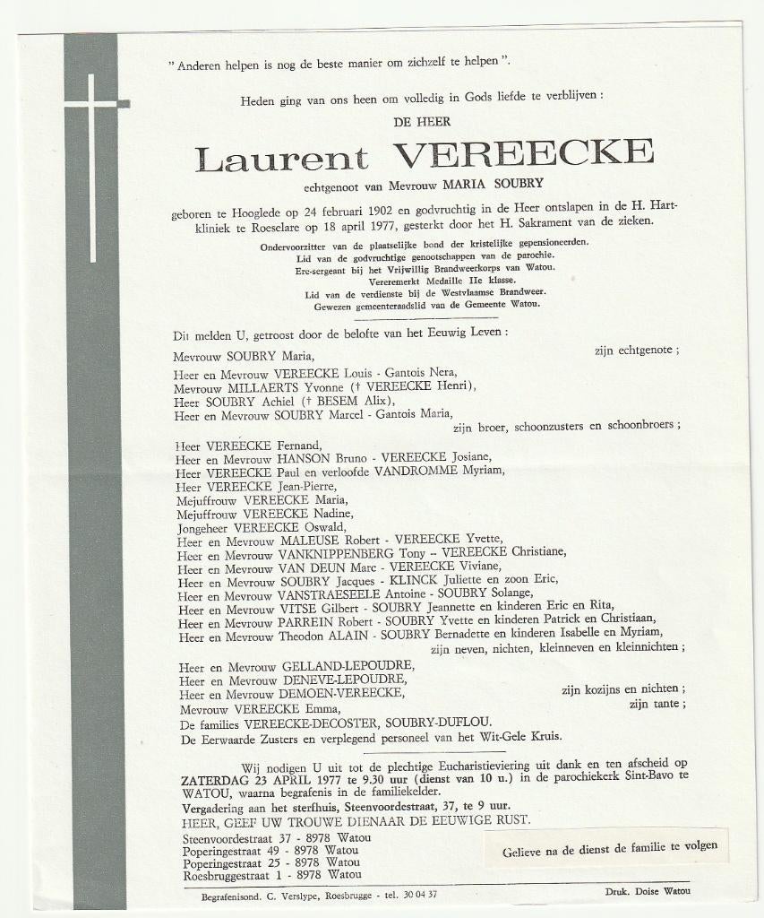 Doodsbrief VEREECKE Hooglede Roeselare 1977 Watou Brandweer, Verzamelen, Verzenden, Rouwkaart