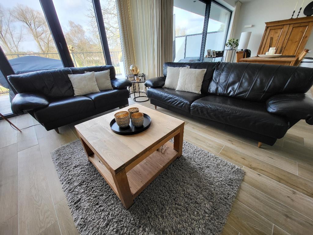 Modern zwart lederen salon (3 + 2 zit), Huis en Inrichting, Ophalen, Gebruikt, Leer, Modern