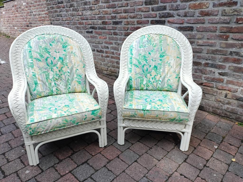 paire de fauteuils en osier avec coussins, Maison & Meubles, Enlèvement, Utilisé, 100 à 125 cm, Osier ou Rotin