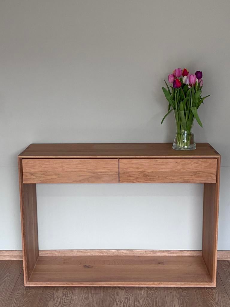 Ethnicraft Console (wandtafel/muurtafel) met 2 lades 120cm, Ophalen, 100 tot 150 cm, Eikenhout, Nieuw