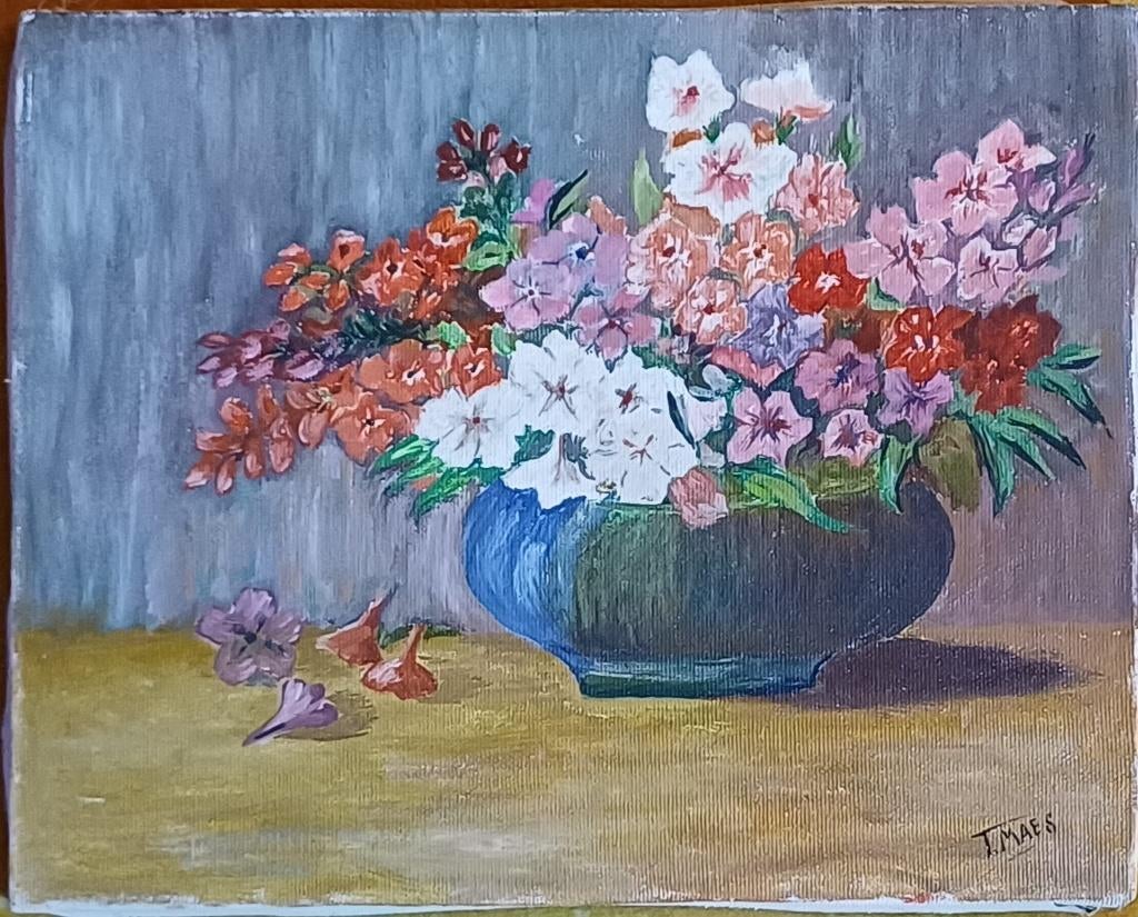 Huile sur toile vase avec fleurs, Antiquités & Art, Enlèvement