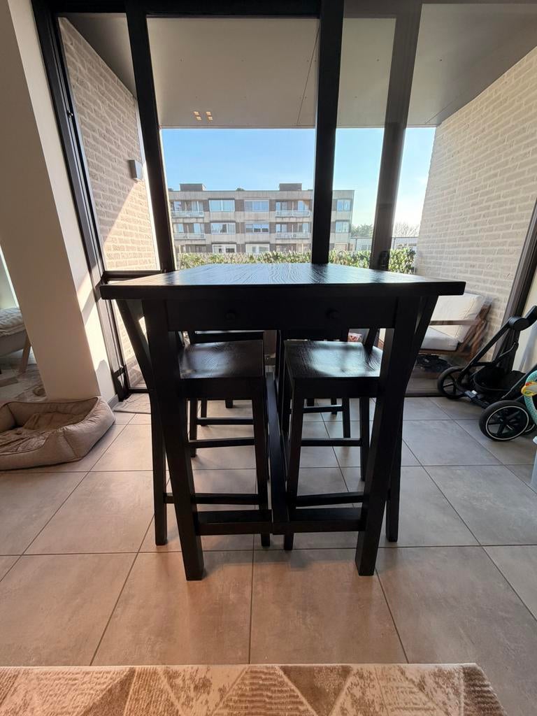 Table de bar avec 4 chaises de bar - noire - bon état, Maison & Meubles, Enlèvement, Comme neuf, Quatre personnes, Rectangulaire