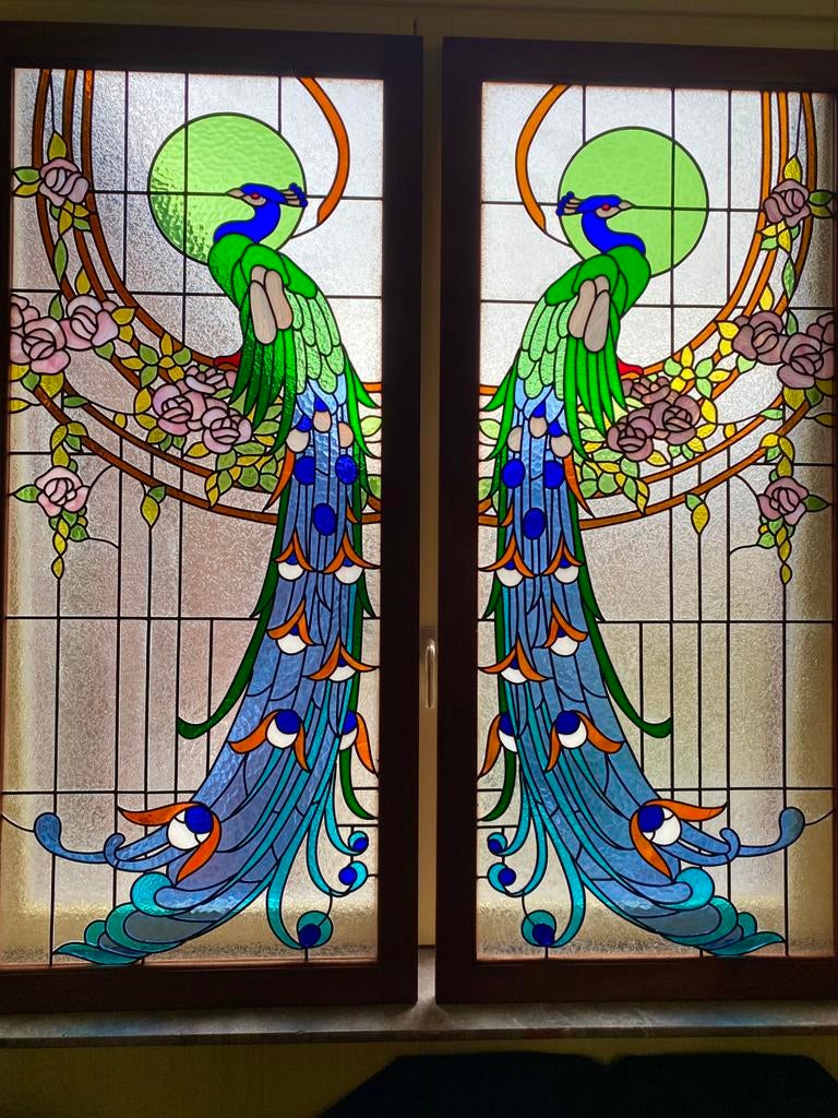 Paire de paons en vitrail, Bricolage & Construction, Enlèvement, Comme neuf, Vitrail